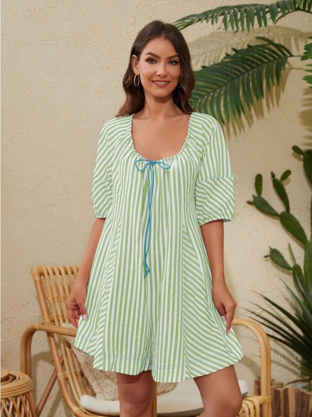 Green Stripe Peasant Romper | Puff Sleeve Cottagecore Tie Front Dress Size L